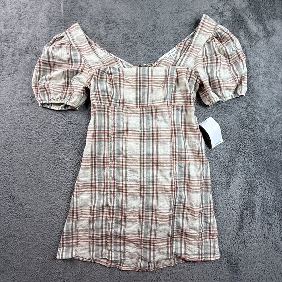 Eyeshadow Dresses & Skirts - Eyeshadow NEW XL Plaid Mini Dress Puff Sleeve Lace Up Front Cotton CottageCore